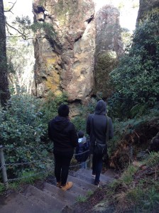 Looking for the vampire in the Vampire Cliff at Hanging Rock. 