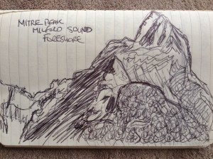 A pen drawing of Milford Sound's Mitre Peak